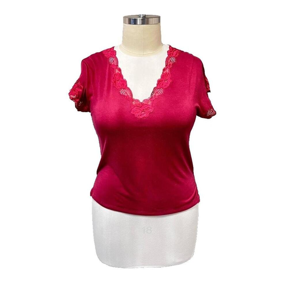 Natori Women's Pink Mauve Lace Trim V-neck Tee
